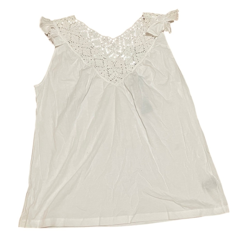 Lauren Ralph Lauren Womens L White Cotton Crochet Lace Ruffle Sleeveless Top NWT